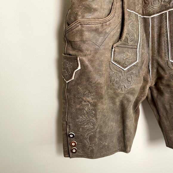 Lederhosen4U Suspenders Leather Medium Brown Embroidered Oktoberfest Sz 52 - Picture 5 of 9